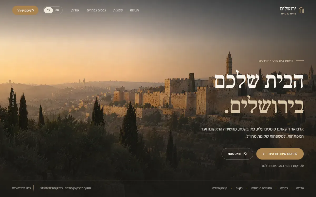 נוף העיר העתיקה בירושלים בשקיעה, עם הכותרת הבית שלכם בירושלים
